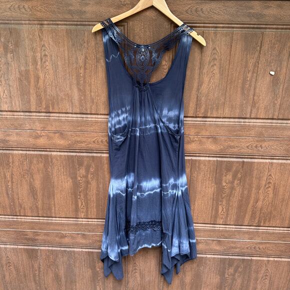 Tempo Paris Dress Blue Tie Dye Flowy Gauze Beach Coverup Handkerchief Hem S - Picture 2 of 9